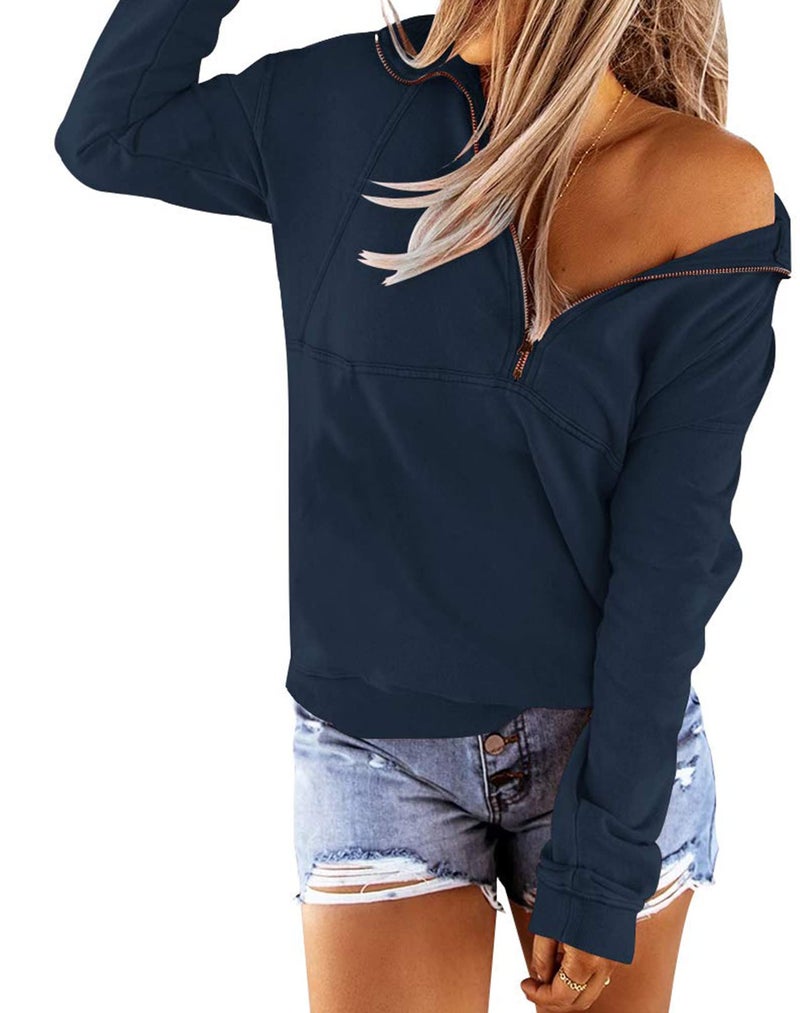 Floral Find Women's Long Sleeve Lapel Half Zip Up Sweatshirt Solid Stylish Loose Fit Casual Pullover Tops - Image 2